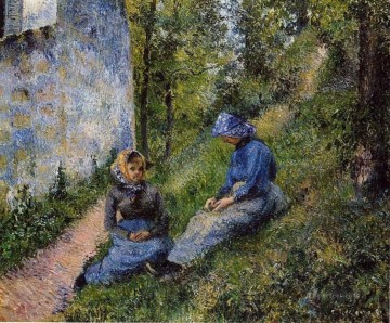 campesinos sentados cosiendo 1881 Camille Pissarro Pinturas al óleo